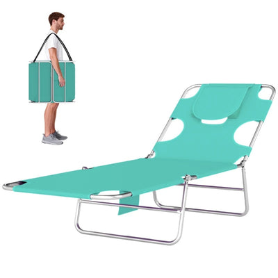 Portable Foldable Sun Lounger, 5-Position Adjustable Recliner with Face Cavity & Side Pocket, No Assembly, 264 lbs Capacity Green