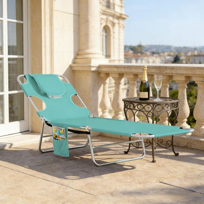 Portable Foldable Sun Lounger, 5-Position Adjustable Recliner with Face Cavity & Side Pocket, No Assembly, 264 lbs Capacity Green