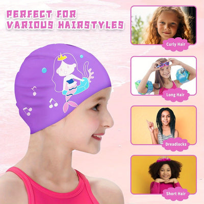2 Pack Kids Swim Caps for Girls Boy Aged 9-15, Waterproof Bathing Cap for Long and Short Hair, Silicone Swimming Cap Swim Hats with Fairy Mermaid Cartoon