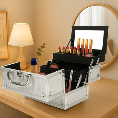 SM-2176 Aluminum Makeup Train Case Jewelry Box Cosmetic Organizer with Mirror 9"x6"x6" Silver