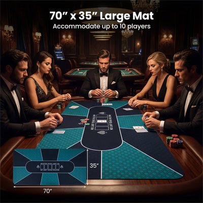 70"×35" 10-Player XL Poker Table Mat, Non-Slip Rubber Base Spill-Proof Multi-Spandex Table Top with Carry Bag (Black & Green)