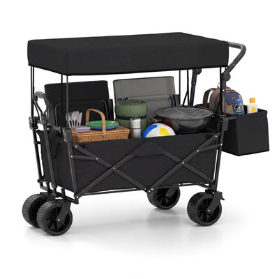 Foldable Utility Wagon,Adjustable Handle Outdoor Wagon, Puncture-Proof Wheels with Brakes, Removable Bag & Side Pockets-Black