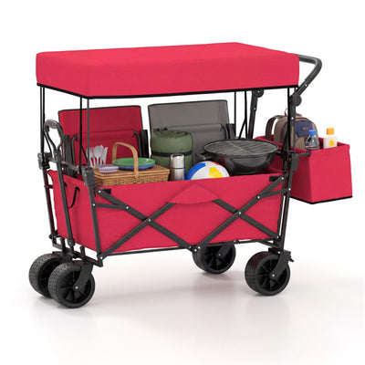 Foldable Utility Wagon,Adjustable Handle Outdoor Wagon, Puncture-Proof Wheels with Brakes, Removable Bag & Side Pockets-Red
