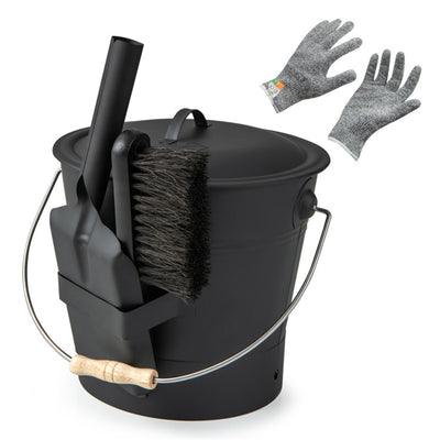 Fireplace Ash Cleaning Set, Ash Bucket + Shovel + Brush + Cut-Resistant Gloves (Level 5), Easy to Clean & Carry