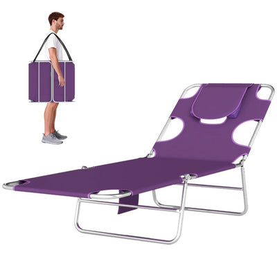 Portable Foldable Sun Lounger, 5-Position Adjustable Recliner with Face Cavity & Side Pocket, No Assembly, 264 lbs Capacity Purple