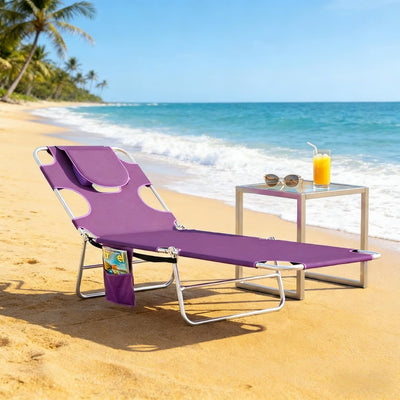 Portable Foldable Sun Lounger, 5-Position Adjustable Recliner with Face Cavity & Side Pocket, No Assembly, 264 lbs Capacity Purple
